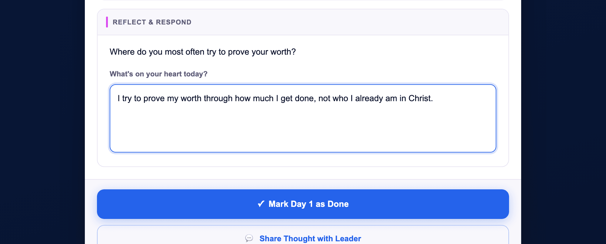 A participant's private reflection field for the day, with a separate Share Thought with Leader action below it.