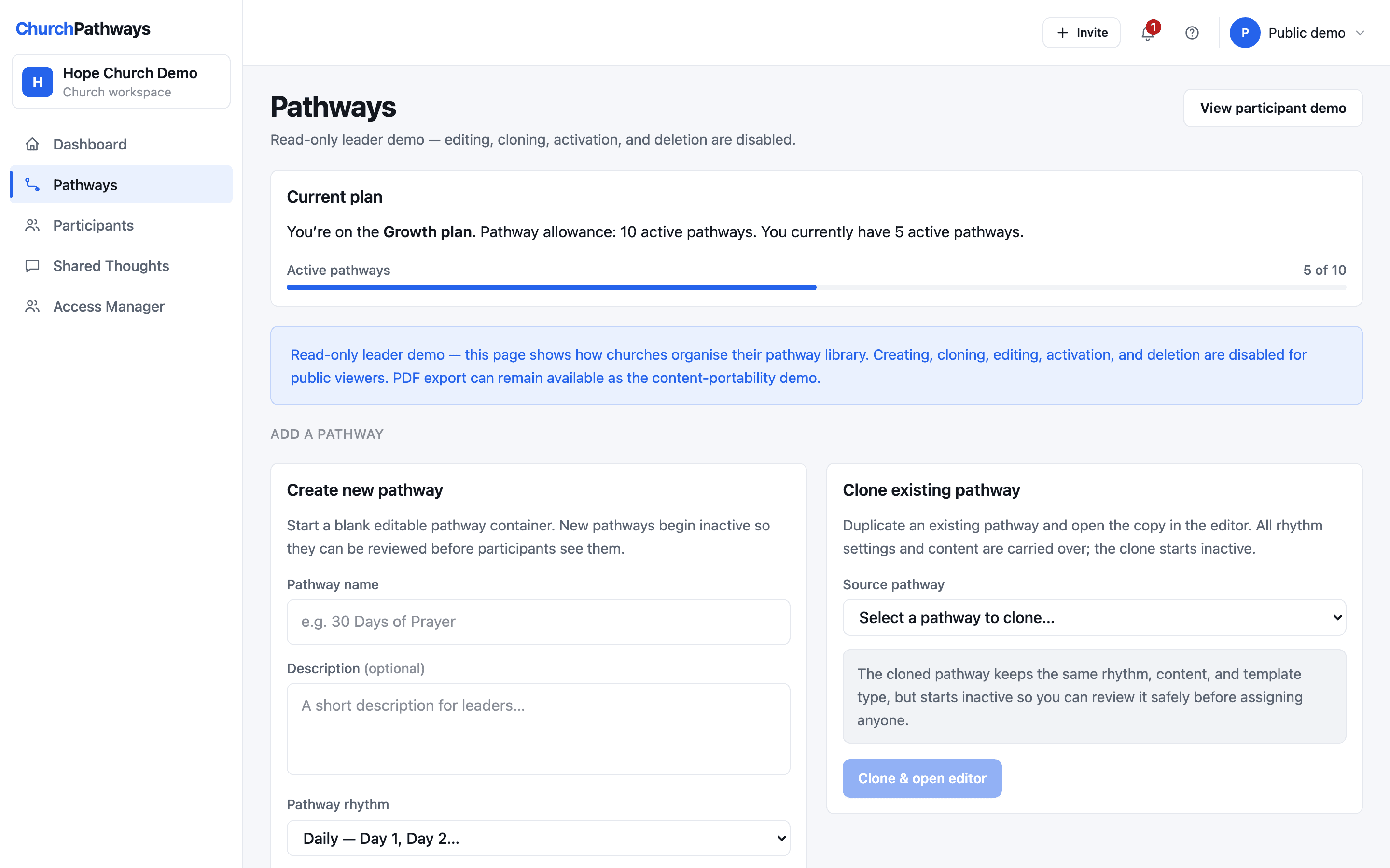 The ChurchPathways Pathways library, showing several pathways a church can assign participants into one after another.